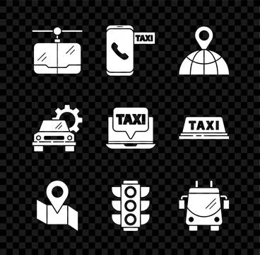 Set Cable car, Taxi call telephone service, Location the globe, Folded map .. イラスト素材