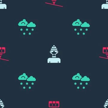 Set Cable car, Winter athlete and Cloud with snow on seamless pattern. Vector Illustrazione stock