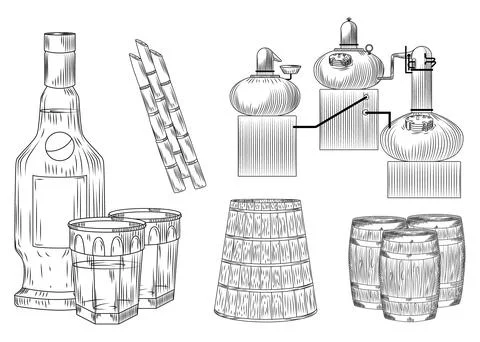Set Cachaca alcohol in doodle style on white background. Glass and bottle, ca Stock Illustration