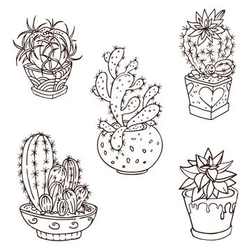 Set of cacti in decorated pots. A hand-drawn picture. Stock Illustration
