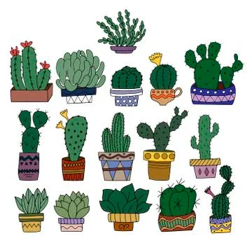 A set cacti in painted flower pots Stock Illustration