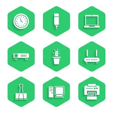 Set Cactus and succulent in pot, Computer monitor, Printer, Router wi-fi sign Stock Illustration