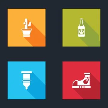 Set Cactus, Beer bottle, Condom and Sneakers icon. Vector Stock Illustration