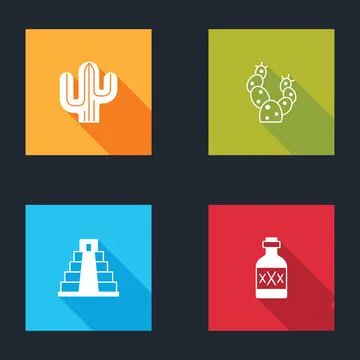 Set Cactus, , Chichen Itza in Mayan and Tequila bottle icon. Vector Stock Illustration
