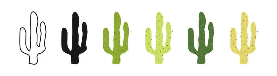 Set of Cactus in Different Styles, Outline, Silhouette, Various Green Shades Stock Illustration