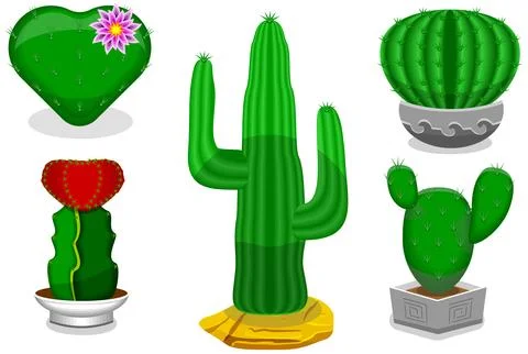 Set of cactus of different types in pots and without Stock Illustration