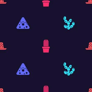 Set Cactus, Nachos, or succulent in pot and Mexican sombrero on seamless pattern Illustrazione stock