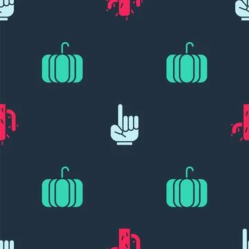 Set Cactus, Number 1 one fan hand glove and Pumpkin on seamless pattern. Vector Illustrazione stock