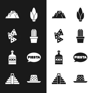 Set Cactus or succulent in pot, Nachos, Volcano eruption with lava, Corn, T.. Stock Illustration