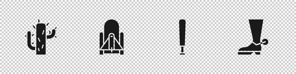 Set Cactus, Rocket launch from the spaceport, Baseball bat and Cowboy boot icon Stock Illustration