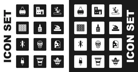 Set Cactus, Tequila bottle, Chocolate bar, Snake, Mexican house, wrestler and Ilustración de archivo