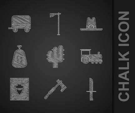 Set Cactus, Tomahawk axe, Military knife, Retro train, Wanted western poste.. Stock Illustration