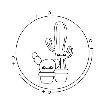 Set of cactus tropicals in frame circular kawaii style Stock-Illustration