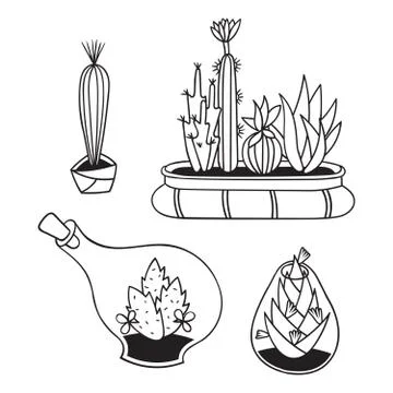 Set of cactuses for coloring books. Stock Illustration