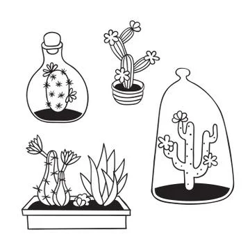 Set of cactuses for coloring books. Stock Illustration