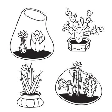 Set of cactuses for coloring books. Stock Illustration