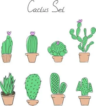 Set cactuses in the pots Ilustração Stock