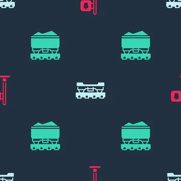Set Cafe and restaurant location, Cargo train wagon and Coal on seamless pattern Illustrazione stock