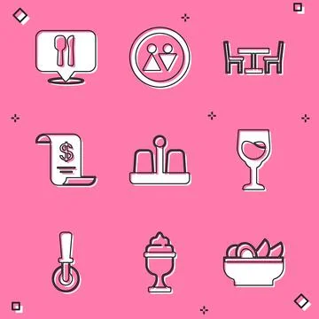 Set Cafe and restaurant location, Toilet, Wooden table with chair, Paper or Illustration