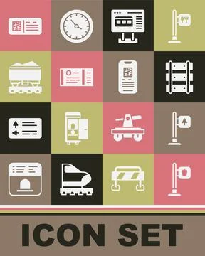 Set Cafe and restaurant location, Road traffic signpost, Railway, railroad track Stock Illustration