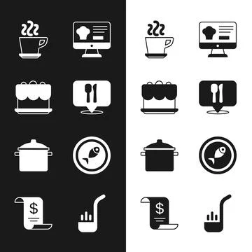 Set Cafe and restaurant location, Cake, Coffee cup, Online ordering delivery Illustration