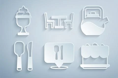 Set Cafe and restaurant location, Kettle with handle, Knife spoon, Cake, Wooden Illustration