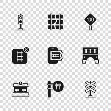 Set Cafe and restaurant location, Bridge for train, Railroad crossing, Onli.. Stock Illustration