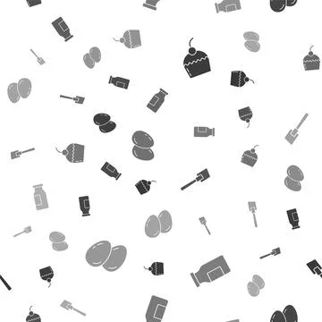 Set Cake, Bottle with milk, Spatula and Easter eggs on seamless pattern. Vector Illustrazione stock