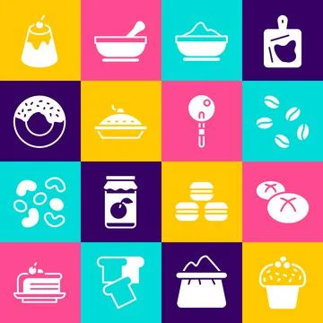 Set Cake, Bread loaf, Coffee beans, Flour bowl, Homemade pie, Donut, Pudding Illustrazione stock