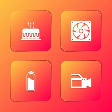 Set Cake with burning candles, Computer cooler, Sport bottle water and Cinema Illustrazione stock