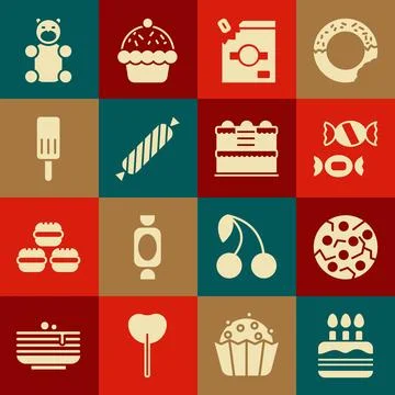 Set Cake with burning candles, Cookie or biscuit, Candy, packaging for sweets Illustrazione stock