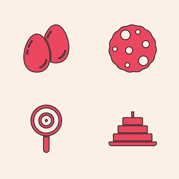 Set Cake with burning candles, Easter eggs, Cookie or biscuit and Lollipop icon Stock Illustration