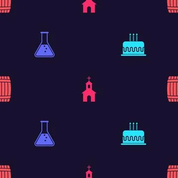 Set Cake with burning candles, Test tube flask, Church building and Wooden Ilustración de archivo