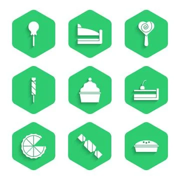 Set Cake, Candy, Homemade pie, Cherry cheesecake, Lollipop and icon. Vector Stock Illustration