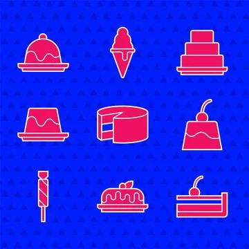Set Cake, Cherry cheesecake, Pudding custard, Candy, and icon. Vector Stockillustratie