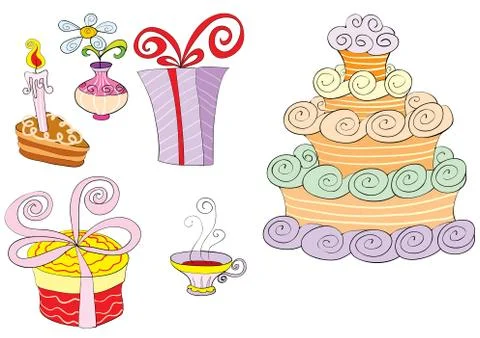 Set of cake, coffee, gift and flower, isolated object on a white background, Stock Illustration