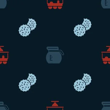 Set Cake, Coffee pot and Cookie or biscuit on seamless pattern. Vector Illustrazione stock