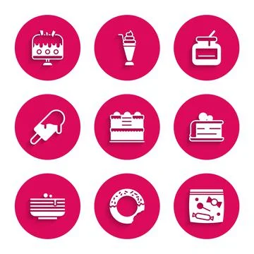 Set Cake, Donut, Candy packaging for sweets, Piece of cake, Stack pancakes, Ice 스톡 일러스트