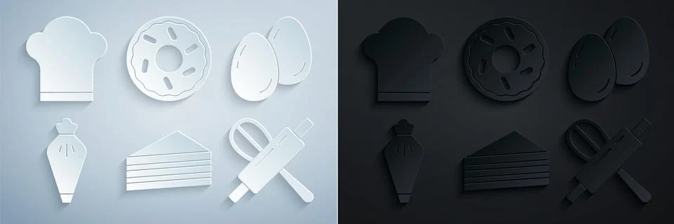 Set Cake, Easter eggs, Pastry bag, Kitchen whisk and rolling pin, Donut and Chef Stock Illustration