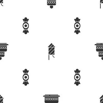 Set Cake, Firework rocket and Candy on seamless pattern. Vector Illustrazione stock
