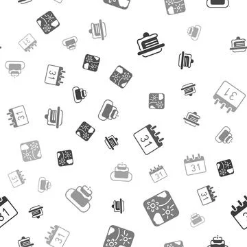 Set Cake, Firework rocket, Calendar and on seamless pattern. Vector Stock Illustration