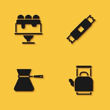 Set Cake, Kettle with handle, Coffee turk and Sugar stick packets icon with long Illustration