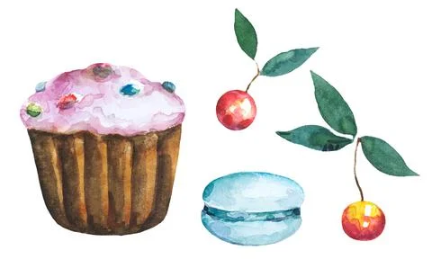 Set of cake muffin, macaroon and cherry isolated on white background. Hand drawn Stock Illustration
