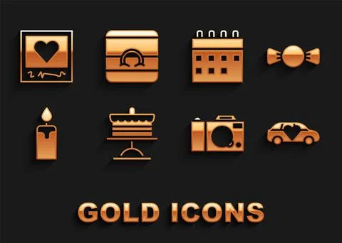 Set Cake on plate, Bow tie, Limousine car, Photo camera, Burning candle 스톡 일러스트