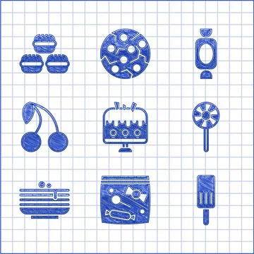 Set Cake on plate, Candy packaging for sweets, Ice cream, Lollipop, Stack of Illustrazione stock