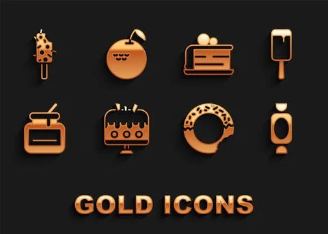 Set Cake on plate, Ice cream, Candy, Donut, Jar of honey, Piece cake, and Apple Stock Illustration