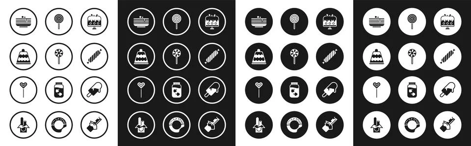 Set Cake on plate, Lollipop, Stack of pancakes, Candy, Ice cream and icon Stock Illustration