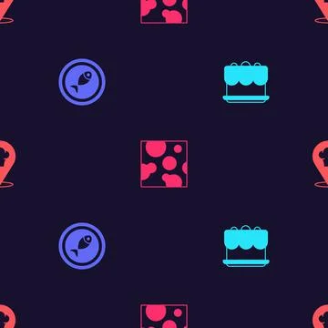 Set Cake, Served fish on plate, Cheese and Chef hat with location on seamless Stock Illustration