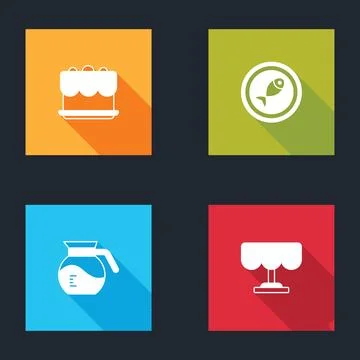 Set Cake, Served fish on plate, Coffee pot and Wooden table icon. Vector Illustrazione stock