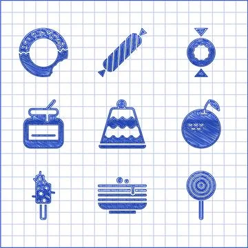 Set Cake, Stack of pancakes, Lollipop, Apple, Ice cream, Jar honey, Candy and Stock Illustration